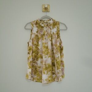 Joie NWT Sleeveless Blouse Women Small Green Yellow Floral Smocked Office Career